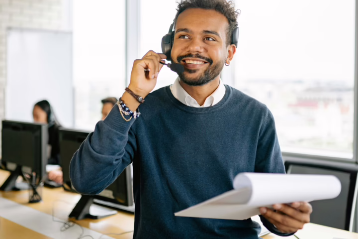 hr professional talking on headset in office conference room