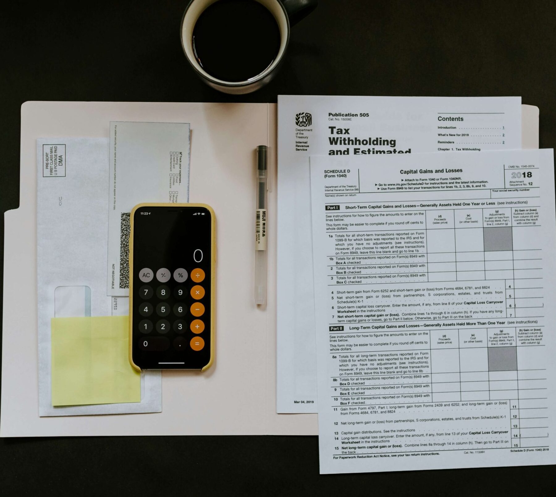 tax paperwork and cup of coffee