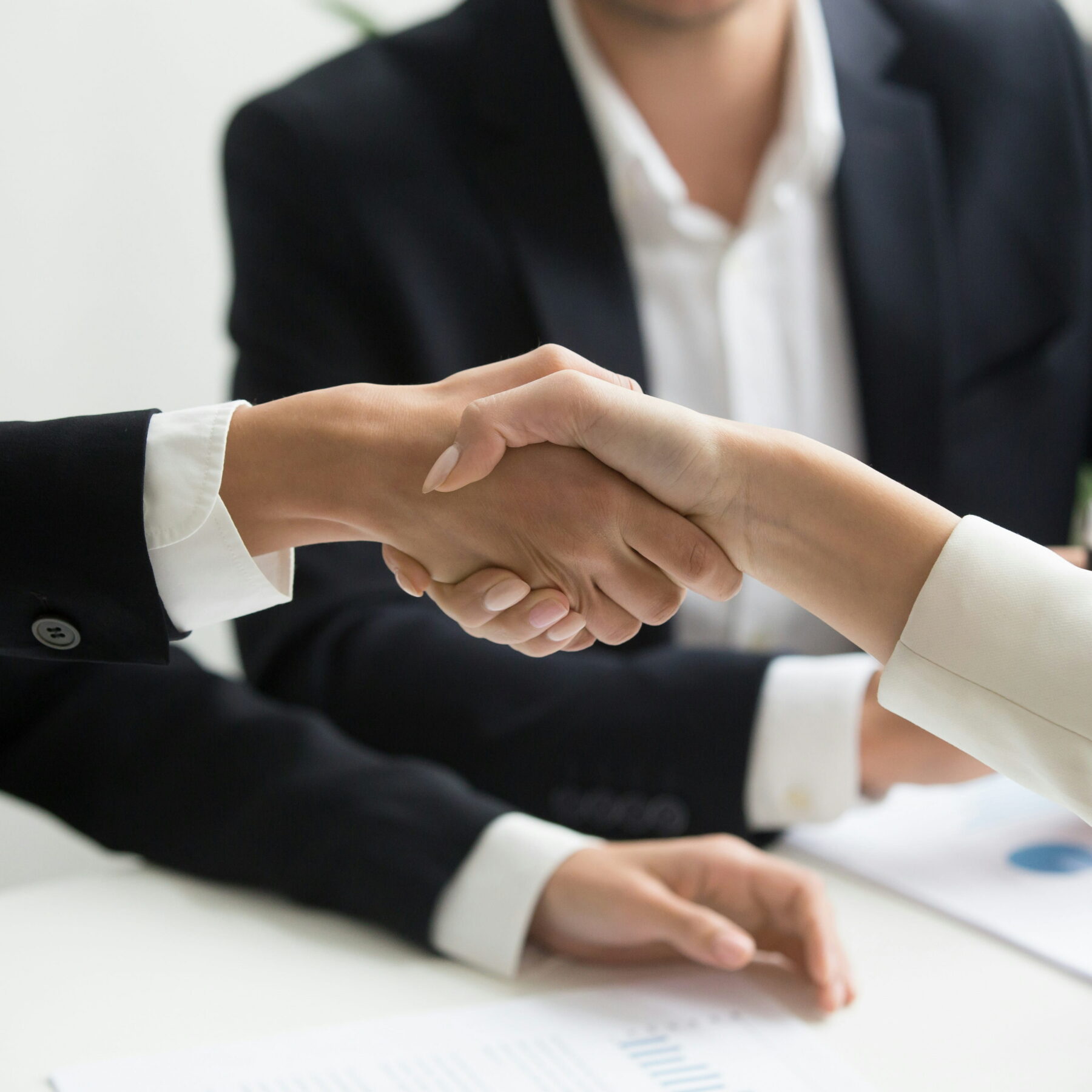 two business people shaking hands over the table